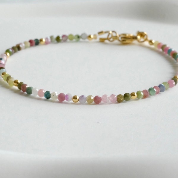 Dainty tiny round rainbow tourmaline bead bracelet-Gemstone Delicate Simple Semi-precious Birthstone Layering Stacking bracelet Minimalist