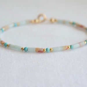Dainty Imperial Jasper cylinder tube&round turquoise beaded bracelet-Tiny gemstone Delicate simple m birthstone layering bracelet