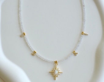 Dainty gold 925 sterling silver opal star charm with 2mm faceted moonstone beads necklace/choker/delicate/layering/stacking/Boho/birthstone