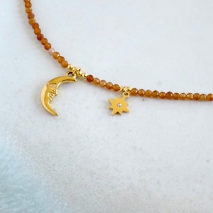 Dainty faceted Hessonite Garnet bead moon star charm necklace/choker/delicate/boho/moon pendent/tiny beads/gift for her/birthstone/thin
