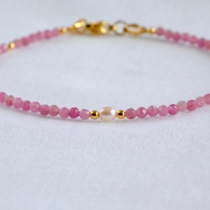 Dainty faceted pink tourmaline beaded gemstone pearl bracelet- Delicate simple semi-precious birthstone layering stacking minimalist jewelry