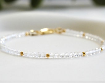 Dainty Clear Quartz Bracelet: 2mm Faceted Gemstone, Minimalist Boho