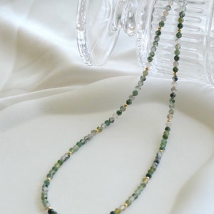 Dainty 3mm faceted Moss Agate beaded necklace/gemstone/choker/delicate/layering/stacking/minimalist/gift for her/birthstone/simple/wedding