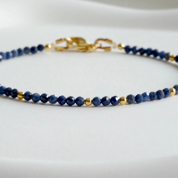 Dainty 2mm faceted Genuine Blue Sapphire beaded bracelet-tiny gemstone Delicate simple Thin Minimalist Birthstone layering bracelet BOHO