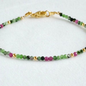 Dainty 2mm faceted Ruby Zoisite bead bracelet- Gemstone Delicate Simple Birthstone Layering Stacking bracelet Minimalist Boho gift for her