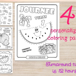One in a melon personalized coloring sheets for kids birthday party, funny printable activity, kids table and support