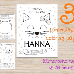 Cute Cat Birthday Party Coloring Pages, Decorations, Gift bags, Party favors, Printable, Digital, Gift Bags, Personalized