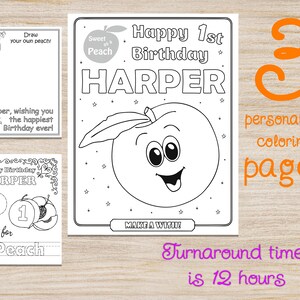 Sweet as a Peach Birthday Party Coloring Pages, For guest, Party favors, 1st Birthday, Personalized, Printable Digital File, Decor