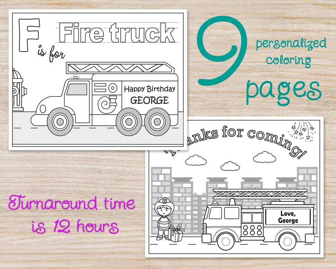 Personalized Fire Truck Birthday Party Coloring Pages, Fireman Birthday ...