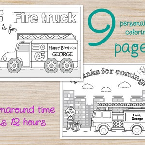 Personalized Fire truck Birthday Party Coloring Pages, Fireman Birthday, Party favors, Boy&#39;s fireman decoration, Printable supplies