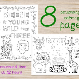 Young Wild and Three Birthday Party Coloring pages, Jungle Animal Girls Boys Theme, Printable digital  activity pdf