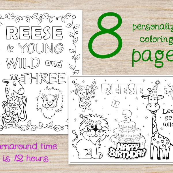 Young Wild and Three Birthday Party Coloring pages, Jungle Animal Girls Boys Theme, Printable digital  activity pdf