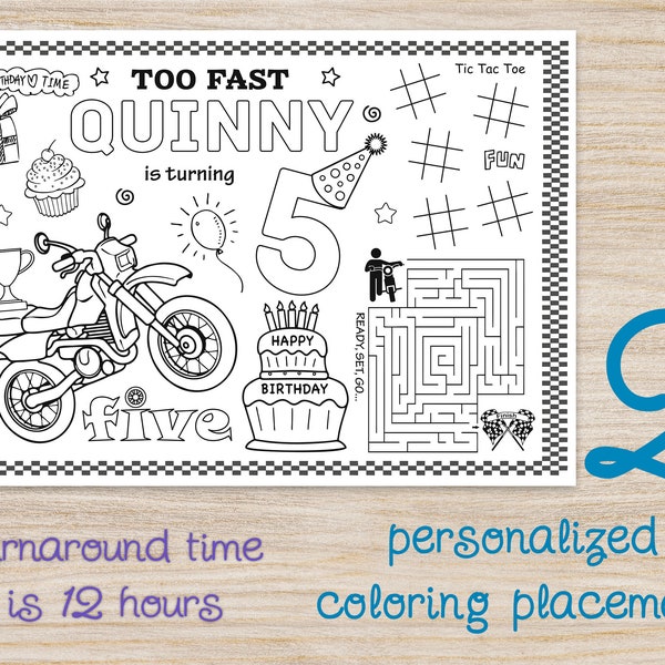 Two Fast Motorcycle Birthday party coloring PLACEMATS, Bike any age personalized printable pages, 2nd Bday Boy decor favors