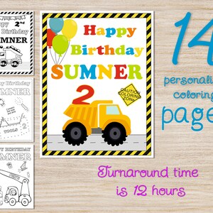 Construction Birthday Party Coloring Pages, Truck Party, Personalized Party favors, Construction Party Supplies, Any age, Digital