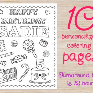 Coloring Pages Sweets and Candy Theme Birthday, Any Age Kids Party, Candyland Digital Personalized Custom book with name