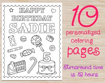 Coloring Pages Sweets and Candy Theme Birthday, Any Age Kids Party, Candyland Digital Personalized Custom book with name