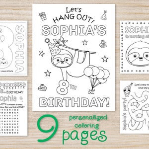 Sloth Birthday Party Coloring Pages,  Girls Boys Sloths Party Supplies, Personalized Printables Decorations Classroom editable activities