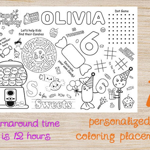 Sweet Celebration Birthday Party Coloring Placemat, Candy Shop, Sweet One, Candy Shoppe, Candyland Digital Personalized Active