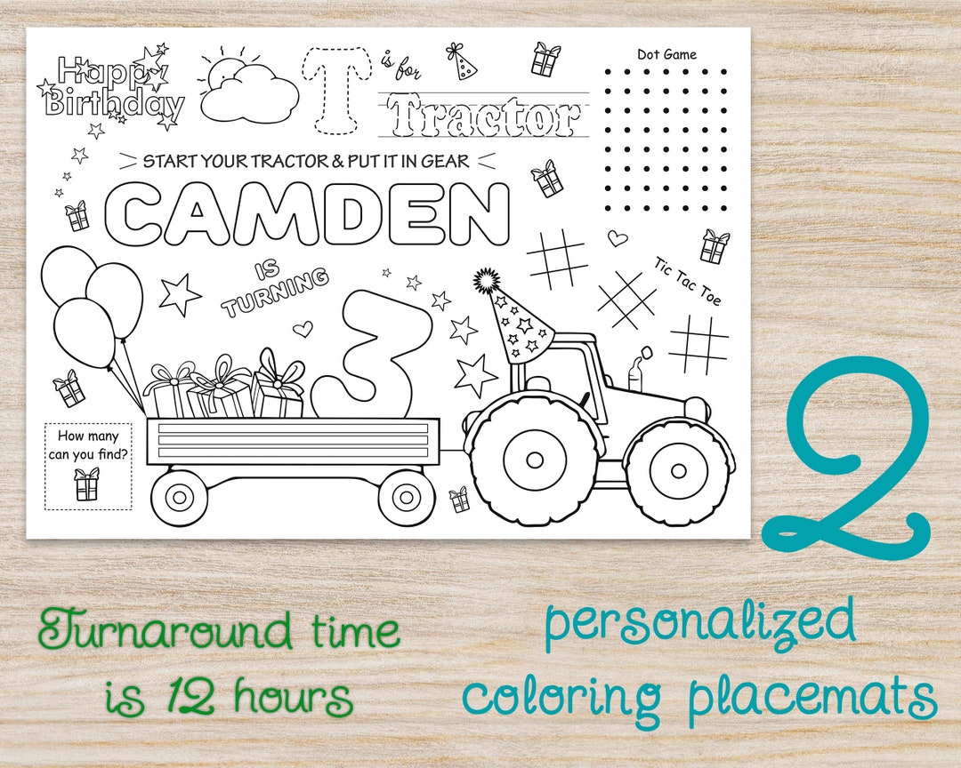 Tractor Birthday Party Coloring Pages, Kids Placemat, Personalised ...