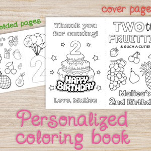 TWOtti fruity birthday party coloring book, Custom personalized tropical summer fruit second birthday, kids coloring sheets