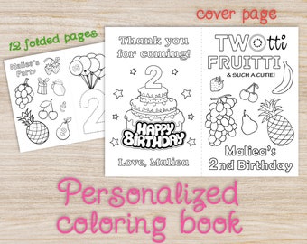 TWOtti fruity birthday party coloring book, Custom personalized tropical summer fruit second birthday, kids coloring sheets