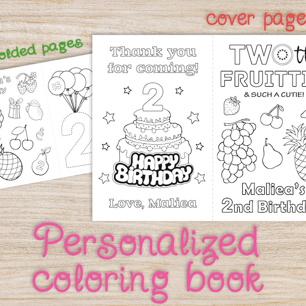 TWOtti fruity birthday party coloring book, Custom personalized tropical summer fruit second birthday, kids coloring sheets