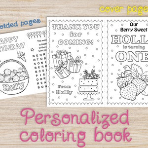 Berry birthday party coloring book, 1st Any age favors, Digital printable decor, Strawberry personalized tropical summer fruit pages