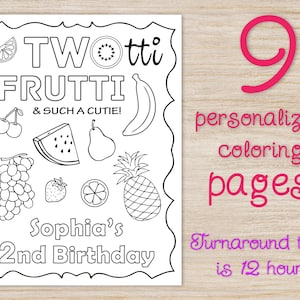 Personalized TWOtti frutti birthday party coloring pages, tutti frutty tropical summer fruit second birthday, Party favors decorations gifts