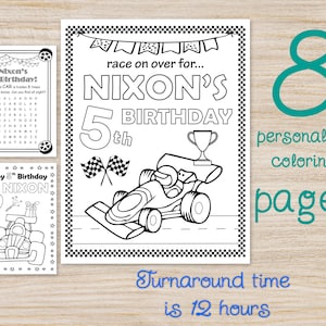 Race Car Birthday party coloring pages, Two fast digital bday Boy favors, Personalized racing car edit activity sheets