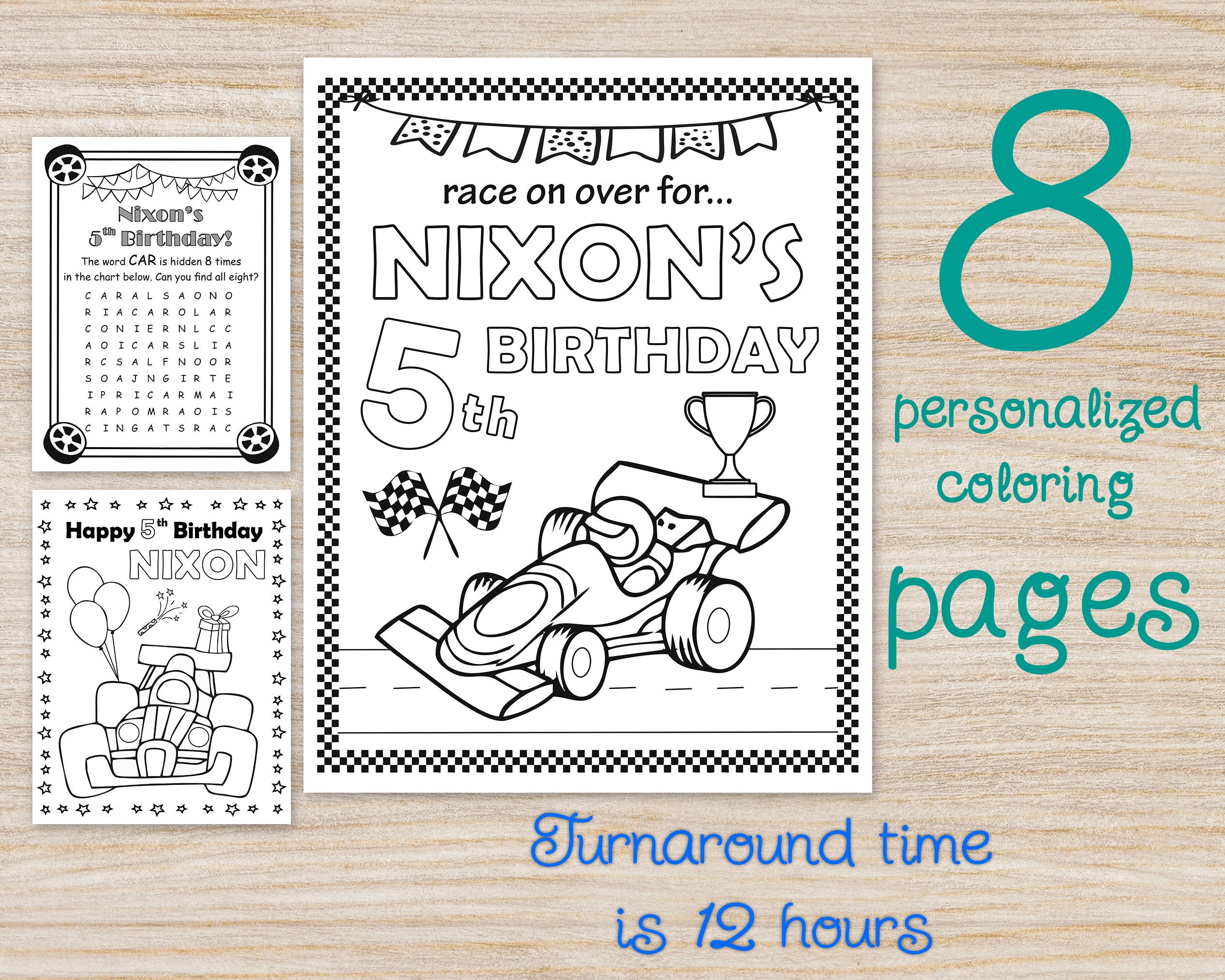Race Car Birthday Party Coloring Pages Two Fast Digital Bday - Etsy
