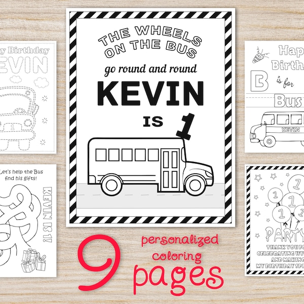 Wheels on the Bus Birthday Party Coloring Pages, Yellow school bus decorations, Personalized printable favors