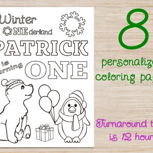 Personalized Winter Onederland Coloring sheets for kids birthday party, funny printable activity, kids table and support