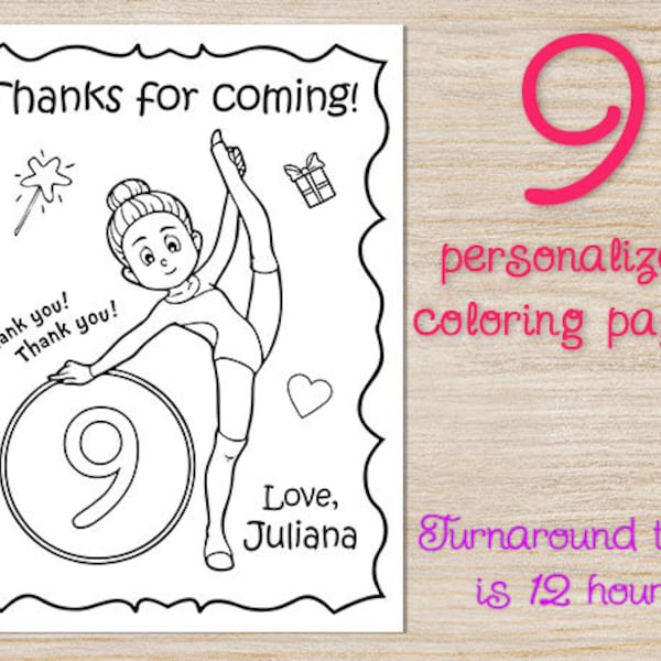 Personalized Gymnastic Birthday Party Favors, Coloring pages, Printable digital PDF file, Decoration for kids