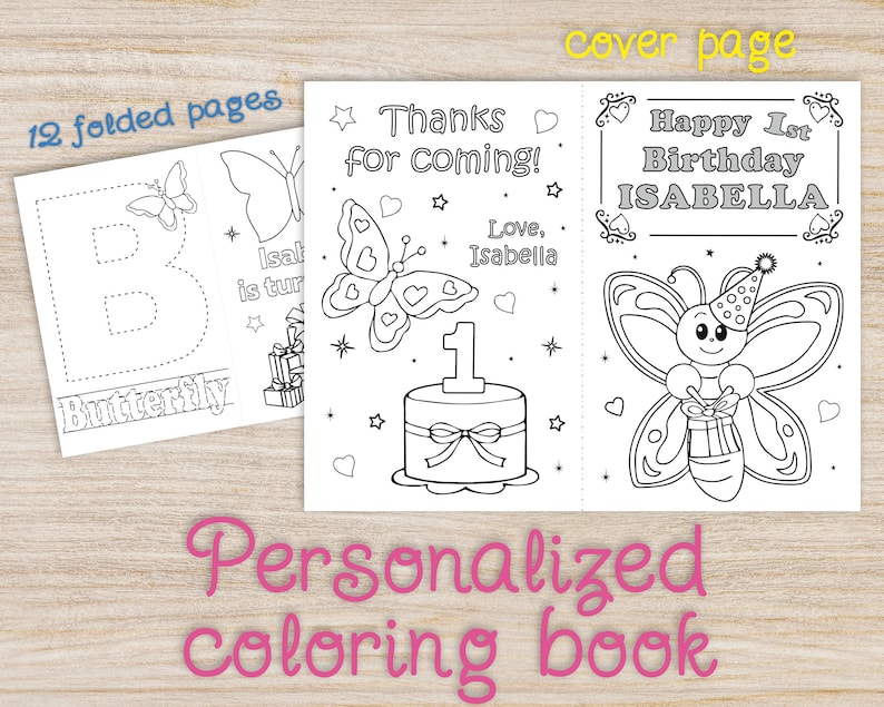 Butterfly Birthday Party Coloring Pages, Personalized printable book