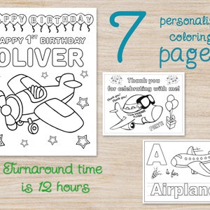 Personalized Airplane Coloring pages for kids birthday party, funny printable activity, kids table and support decor