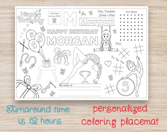 Gymnastics Birthday Party Activity Coloring Placemat, 1st 2nd 3rd 4th 5th 6th 7th 8th 9th any age, Personalise, Printable digital PDF file