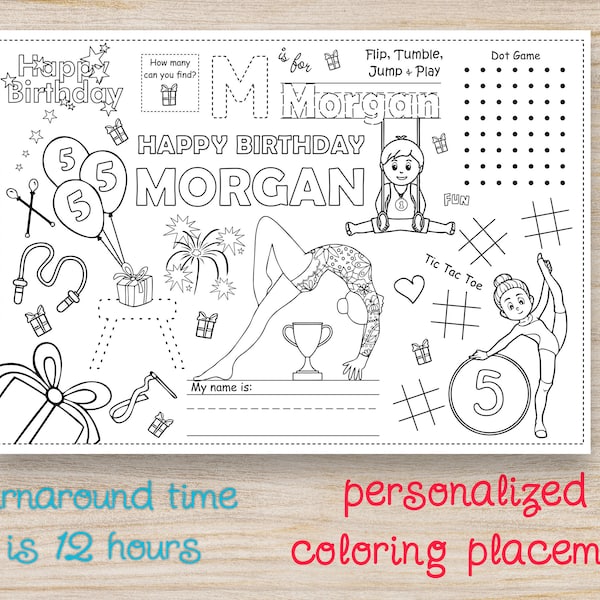 Gymnastics Birthday Party Activity Coloring Placemat, 1st 2nd 3rd 4th 5th 6th 7th 8th 9th any age, Personalise, Printable digital PDF file