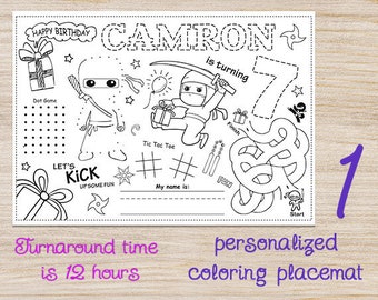 Ninja Birthday Party Coloring Placemat, Printable personalized digital download, Party favors and supplies