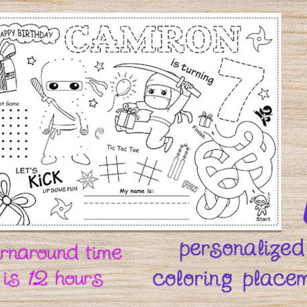 Ninja Birthday Party Coloring Placemat, Printable personalized digital download, Party favors and supplies