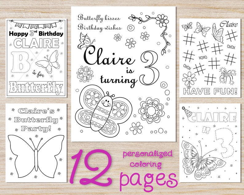 Butterfly Birthday Party Coloring Pages, Personalized Printable Spring