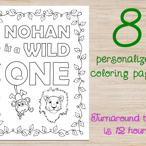 Personalized Wild One Safari Jungle Animals First Birthday Party Coloring pages, Download printable favors, kids coloring sheets