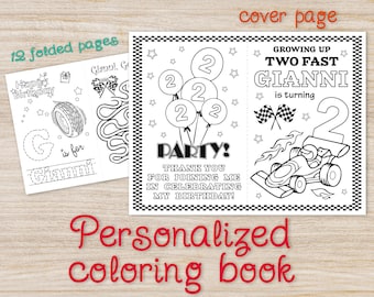 Two Fast Birthday party coloring book, Red 2nd Bday Boy, Growing up Two Fast printable favors, Race Car Second personalized pages,