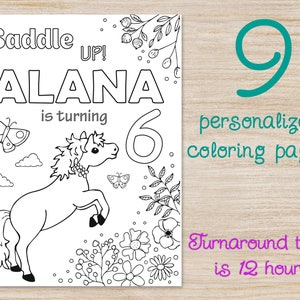 Horse Birthday Party Coloring Pages, Cowgirl Favors Supplies, Any age, Personalized Printable Decoration