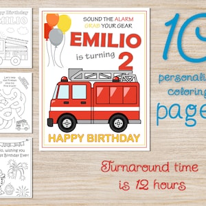 Personalized Fire truck Birthday Party Coloring Pages, Sound the alarm, Fireman Party, Firefighter Digital File Printable
