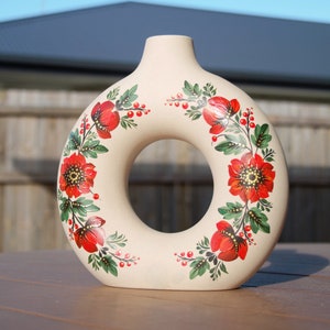 Vase Decorated with Red Ukrainian Flowers Painting Petrykivka