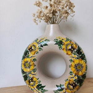 Yellow Sunflowers on Ceramic Vase Handpainted Ukrainian Pattern Petrykivka