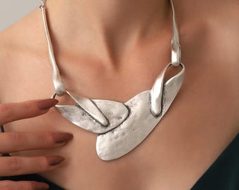 Statement Silver Plated Necklace, Abstract Sculptural Bib Choker, Modern Art Jewelry, Adjustable Silver Collar,Bold Gift for Her