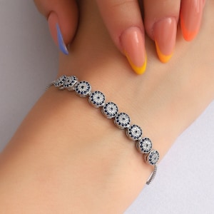 Bransoletka ze srebra próby 925 Evil Eye Everyday, 7 mm bransoletka dla kobiet ze srebra próby 925, ręcznie robiona bransoletka, bransoletka na szczęście, prezent dla niej i mamy