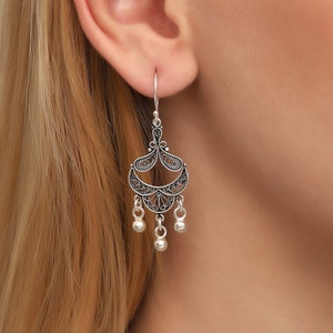 Silver Boho Dangle Earrings,Filigree Earrings For Women,Vintage Style Jewelry,Bohemian Earrings,Sterling Silver Tassel Earrings,Gift For Her