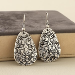 Silver Statement Earrings,Handmade Mandala Dangle Earrings,Ethnic Boho Jewelry,Festival Gift For Her,Vintage Style,Etched Earrings For Women